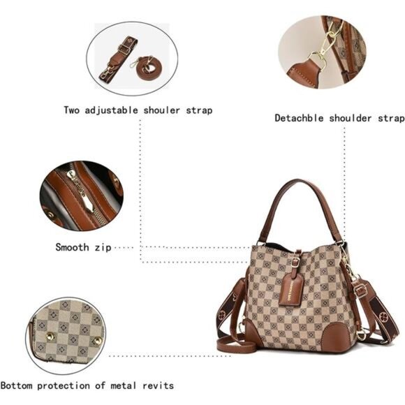 Cross Body Bag Purses Brown & Black Vegan Leather Crossbody Bucket Bag - Picture 5 of 7